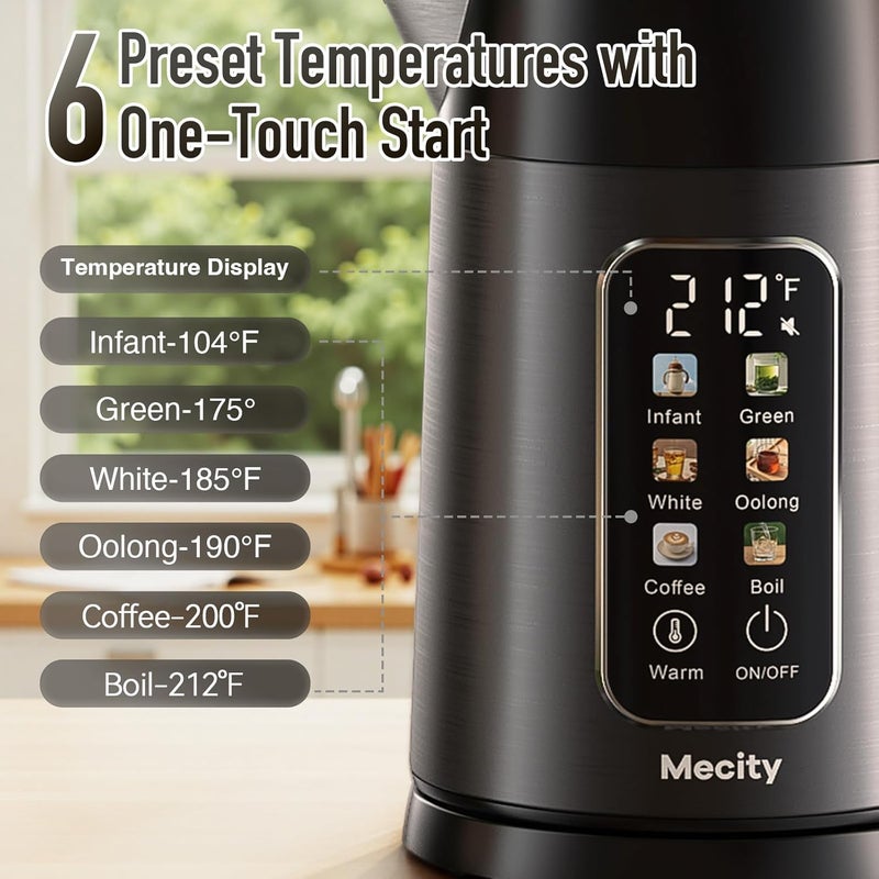 Mecity Electric Kettle 1.7L Touch Screen Temperature Control Water Boiler, No Plastic Contact with Water. 6 Preset Temperature Programs, 2 Hours Keep Warm, Auto Shut Off, Dark Grey - Image 2